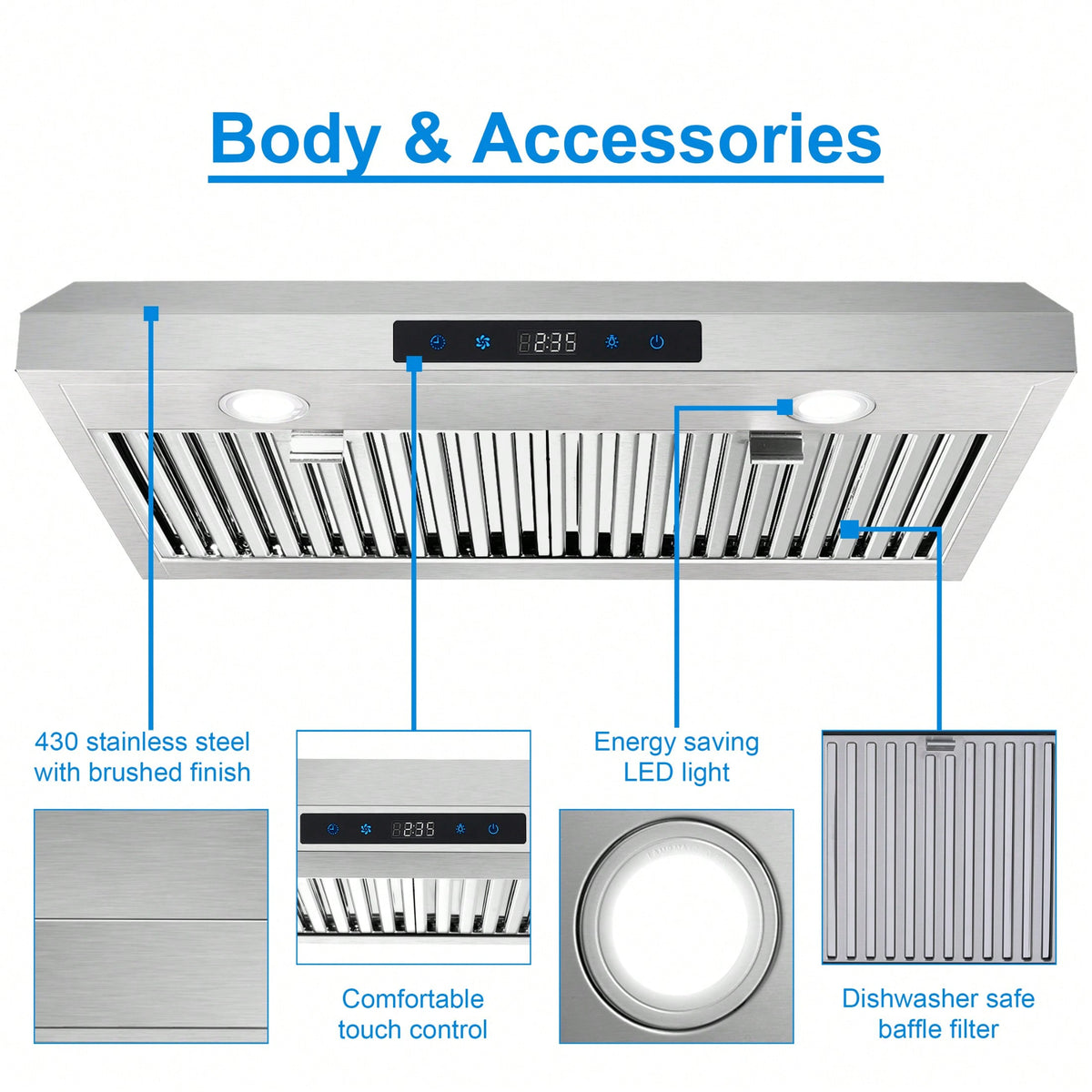 SNDOAS Range Hood 30 Inch Under Cabinet,Ductless Range Hoods With Touch Control,3-Venting Kitchen Hood,Stainless Steel Vent Hood,Under Cabinet Range Hood 30 Inch,Hood Vents For Kitchen 3 Speeds