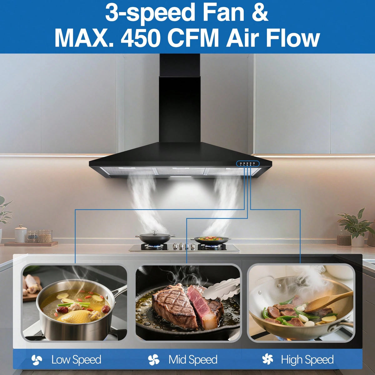SNDOAS Range Hood 36 Inch,Black Vent Hood With 450CFM & 3-Speed, Ducted/Ductless Convertible,Mesh Filters & Push Button Control For Stove Hood,Chimney-Style Black Range Hood Wall Mount