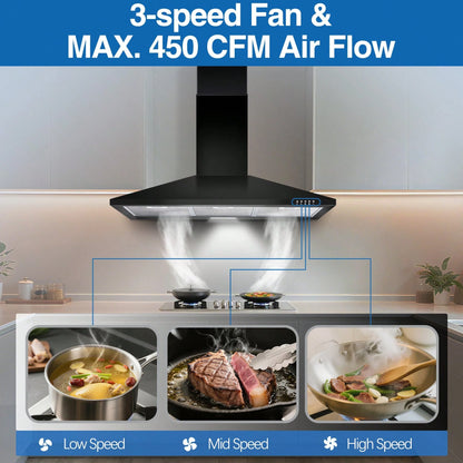 SNDOAS Range Hood 36 Inch,Black Vent Hood With 450CFM & 3-Speed, Ducted/Ductless Convertible,Mesh Filters & Push Button Control For Stove Hood,Chimney-Style Black Range Hood Wall Mount
