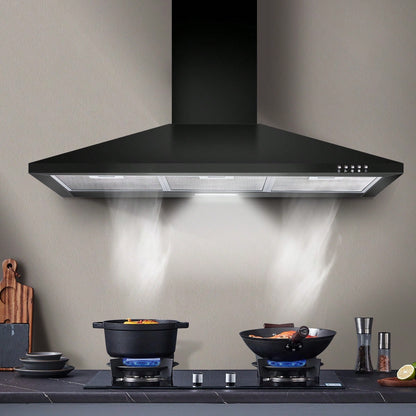 SNDOAS Range Hood 36 Inch,Black Vent Hood With 450CFM & 3-Speed, Ducted/Ductless Convertible,Mesh Filters & Push Button Control For Stove Hood,Chimney-Style Black Range Hood Wall Mount