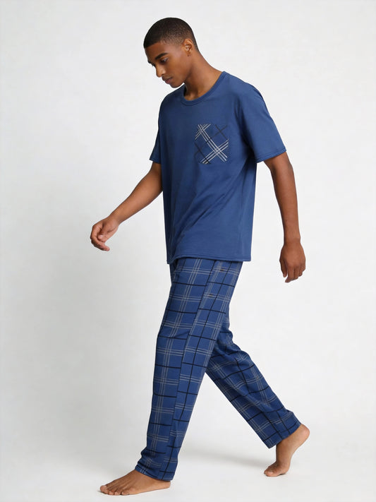 Snug League 2pcs Men's Short Sleeve Thin Pajama Set- Shorts & Pants, Summer Sleepwear Set