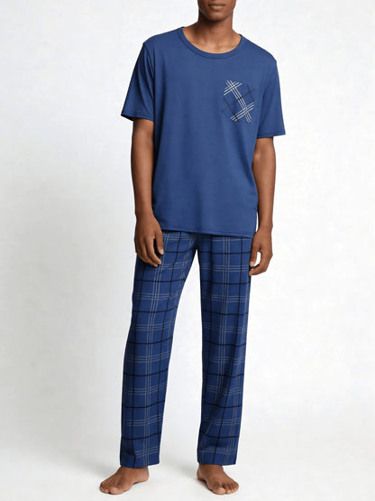 Snug League 2pcs Men's Short Sleeve Thin Pajama Set- Shorts & Pants, Summer Sleepwear Set