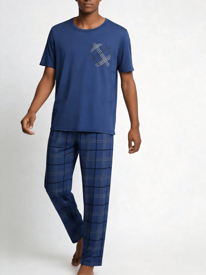 Snug League 2pcs Men's Short Sleeve Thin Pajama Set- Shorts & Pants, Summer Sleepwear Set