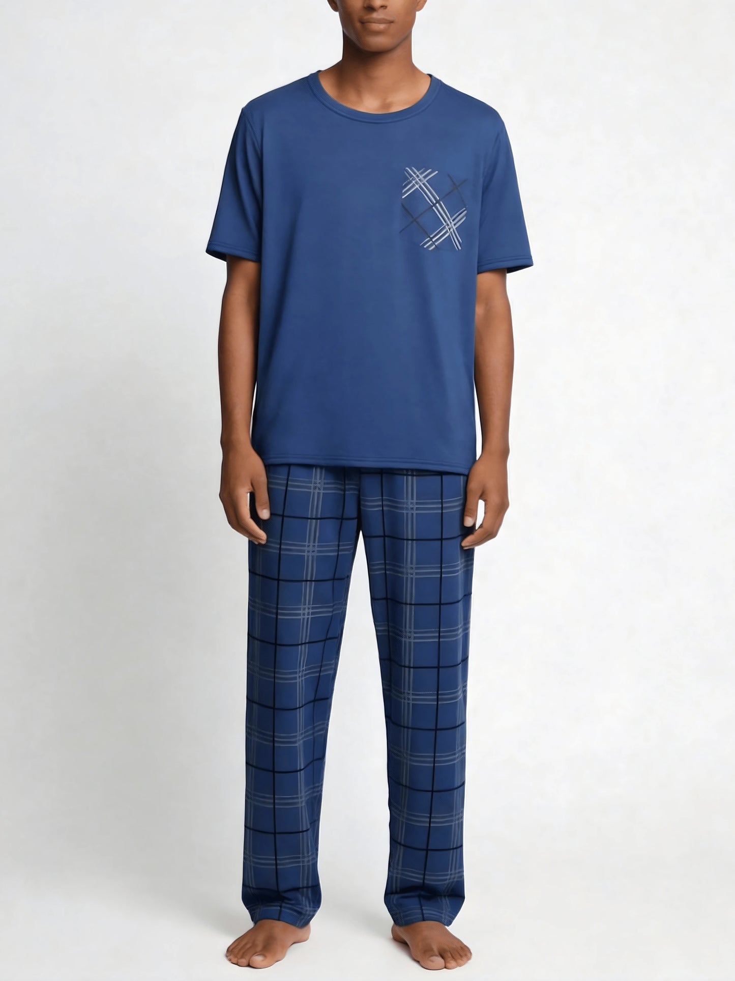 Snug League 2pcs Men's Short Sleeve Thin Pajama Set- Shorts & Pants, Summer Sleepwear Set