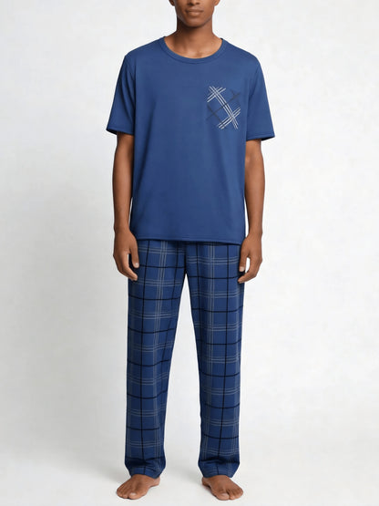 Snug League 2pcs Men's Short Sleeve Thin Pajama Set- Shorts & Pants, Summer Sleepwear Set