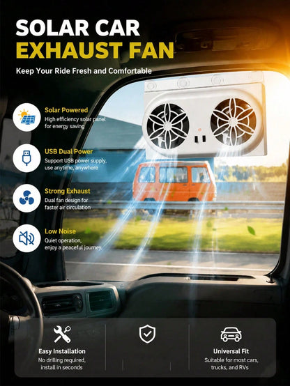 Solar Powered Car Window Exhaust Fan Air Purifier, Solar Powered Ventilation Cooling Fan, Suitable For Back Seat Or Front Seat, Vehicle Ventilation Fan, Car Window Ventilation Cooling Fan With 2 Air O