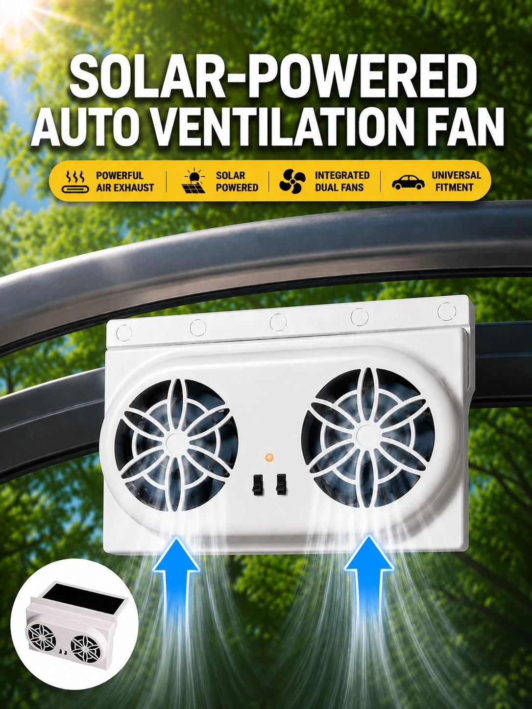 Solar Powered Car Window Exhaust Fan Air Purifier, Solar Powered Ventilation Cooling Fan, Suitable For Back Seat Or Front Seat, Vehicle Ventilation Fan, Car Window Ventilation Cooling Fan With 2 Air O