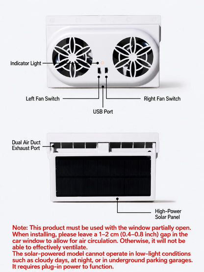 Solar Powered Car Window Exhaust Fan Air Purifier, Solar Powered Ventilation Cooling Fan, Suitable For Back Seat Or Front Seat, Vehicle Ventilation Fan, Car Window Ventilation Cooling Fan With 2 Air O