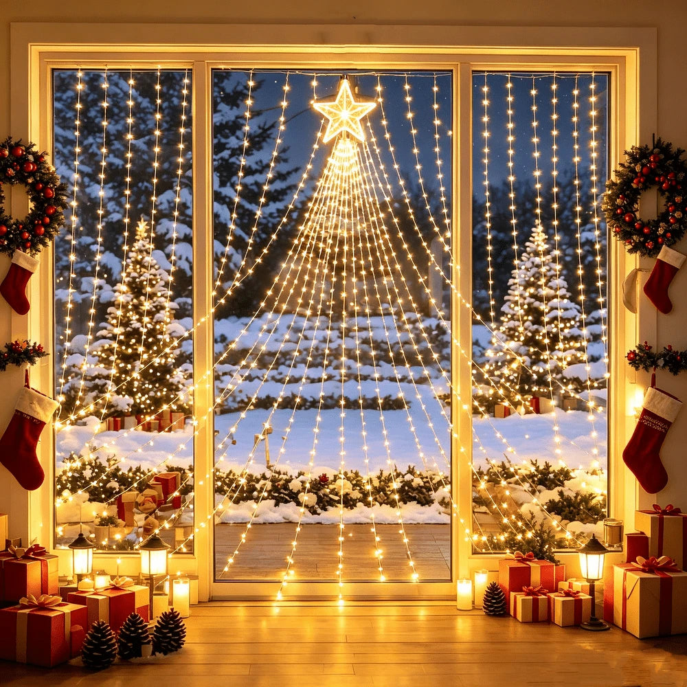 Solar Waterfall Fairy String Lights, Cascading Icicle Curtain 180LED Lights, Solar Powered Hanging Decorative Lights For Christmas Xmas Holiday Party Wedding Garden Yard Patio Eaves Wall Decoration