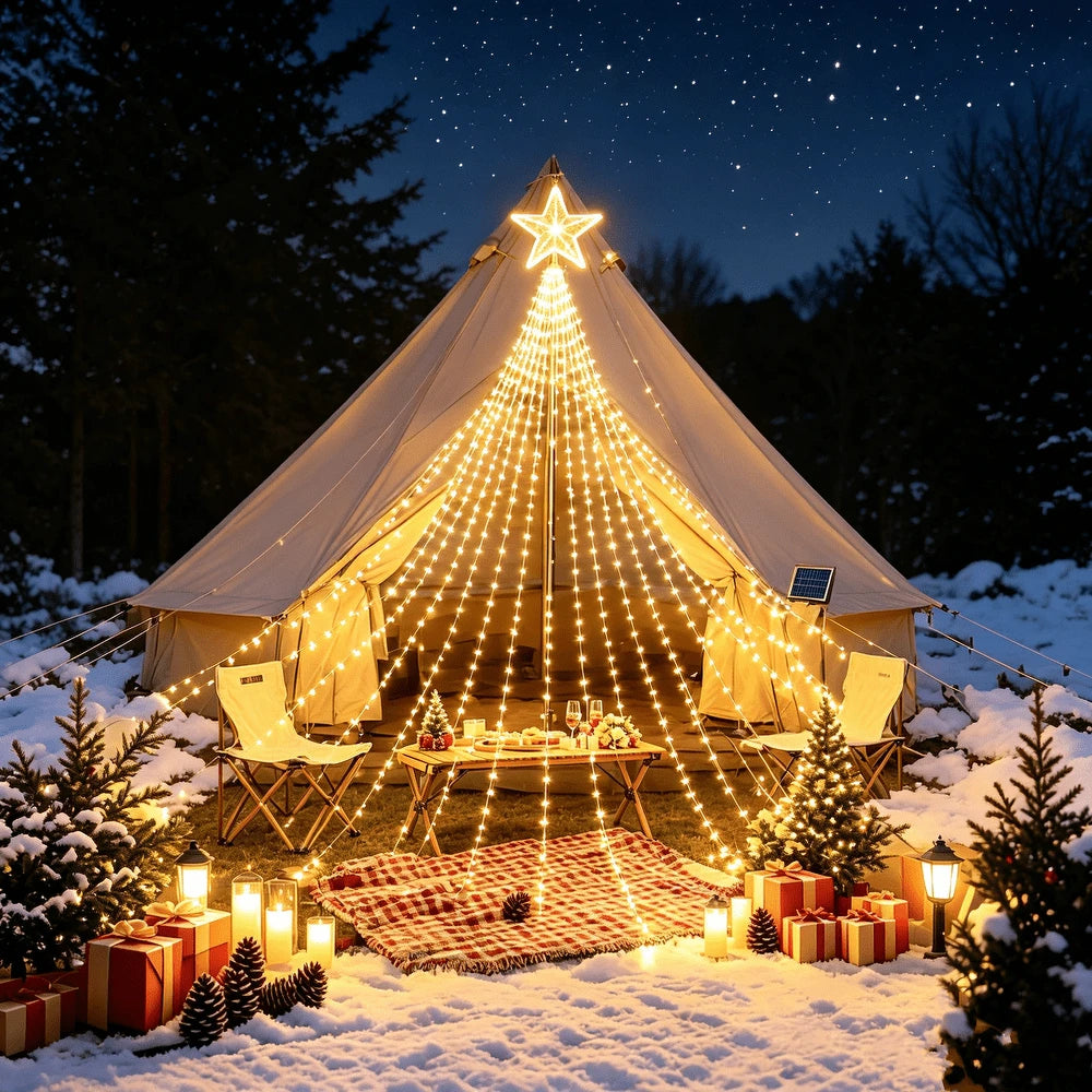Solar Waterfall Fairy String Lights, Cascading Icicle Curtain 180LED Lights, Solar Powered Hanging Decorative Lights For Christmas Xmas Holiday Party Wedding Garden Yard Patio Eaves Wall Decoration