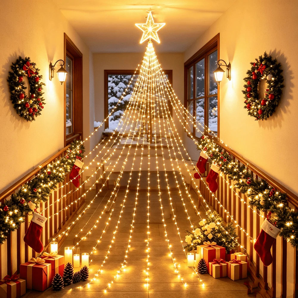 Solar Waterfall Fairy String Lights, Cascading Icicle Curtain 180LED Lights, Solar Powered Hanging Decorative Lights For Christmas Xmas Holiday Party Wedding Garden Yard Patio Eaves Wall Decoration
