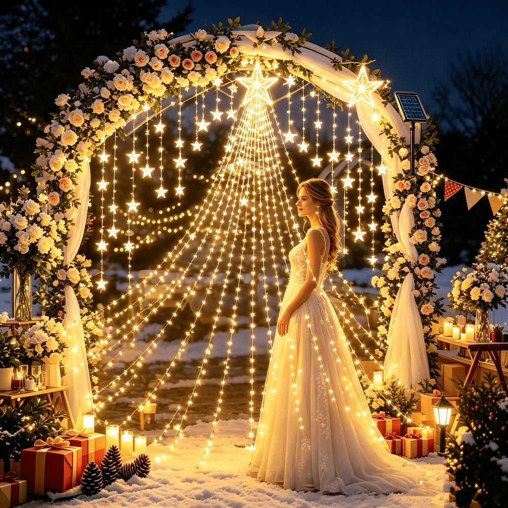 Solar Waterfall Fairy String Lights, Cascading Icicle Curtain 180LED Lights, Solar Powered Hanging Decorative Lights For Christmas Xmas Holiday Party Wedding Garden Yard Patio Eaves Wall Decoration