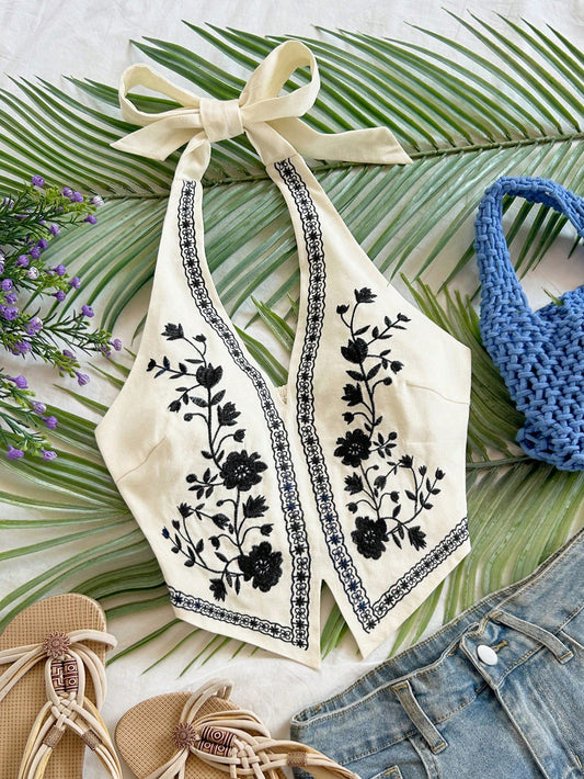 Soleia Apricot Base Black Flower Embroidered Halter Neck Bowknot Cropped Tank Top, Suitable For Music Festival,Summer Top