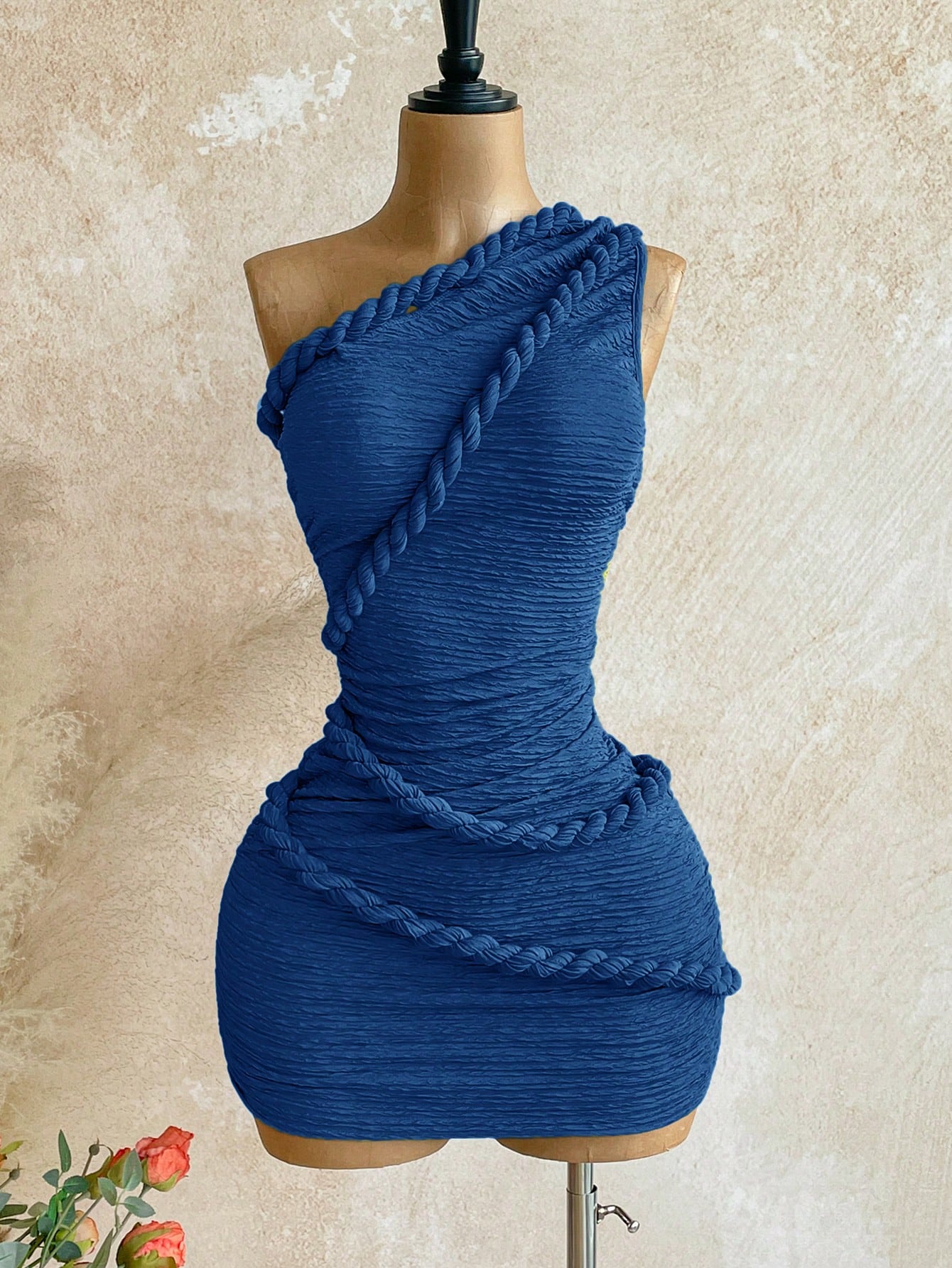 Soleia New Vacation Braided One Shoulder Slim Fit Mini Dress, Bohemian Sexy, Boho, Summer Women Clothes, Vintage, Holiday, Dresses For Rave Navy Blue