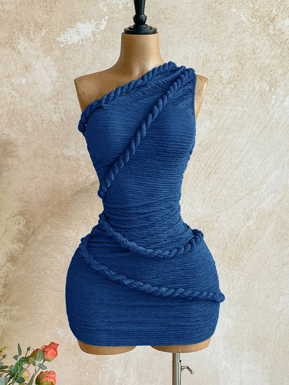 Soleia New Vacation Braided One Shoulder Slim Fit Mini Dress, Bohemian Sexy, Boho, Summer Women Clothes, Vintage, Holiday, Dresses For Rave Navy Blue