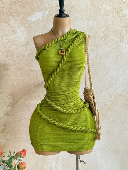 Soleia New Vacation Braided One Shoulder Slim Fit Mini Dress, Bohemian Sexy, Boho, Summer Women Clothes, Vintage, Holiday, Dresses For Rave Navy Blue