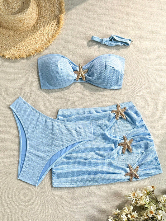Soleia Plus Size Solid Color Textured Fabric Fashion Summer Bikini Swimwear 3-Piece Set, Blue Bathing Suits For Women