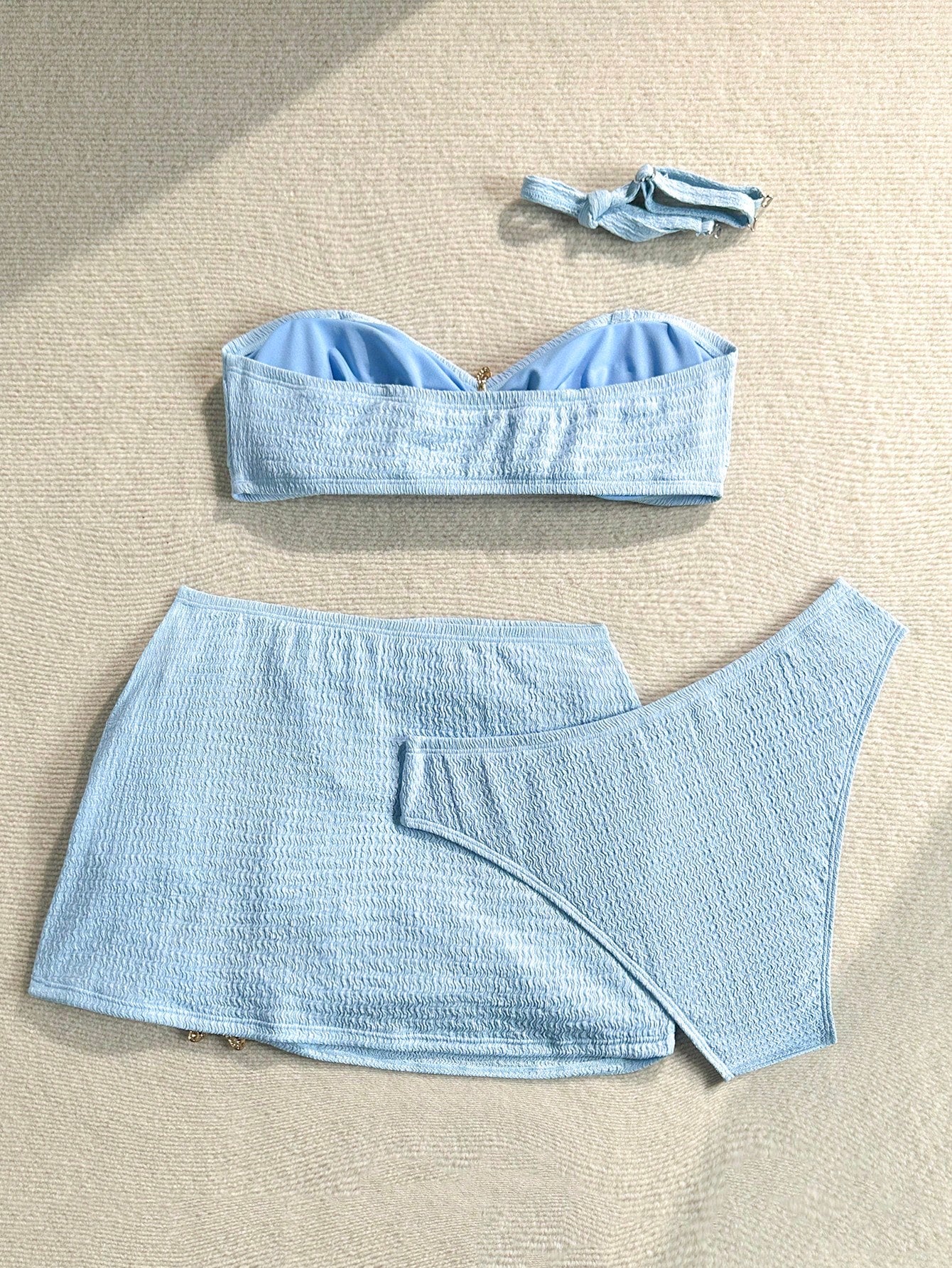 Soleia Plus Size Solid Color Textured Fabric Fashion Summer Bikini Swimwear 3-Piece Set, Blue Bathing Suits For Women