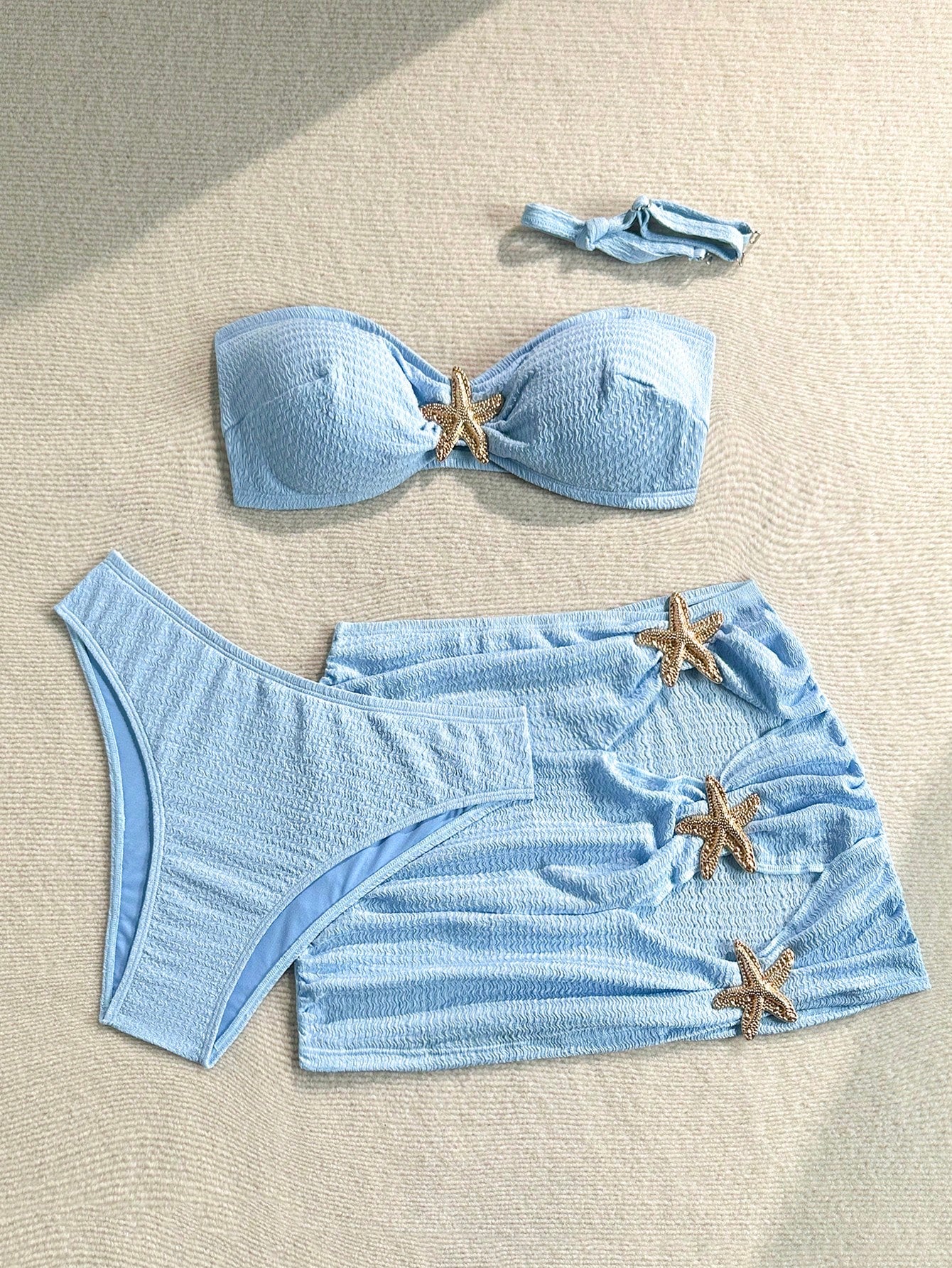 Soleia Plus Size Solid Color Textured Fabric Fashion Summer Bikini Swimwear 3-Piece Set, Blue Bathing Suits For Women