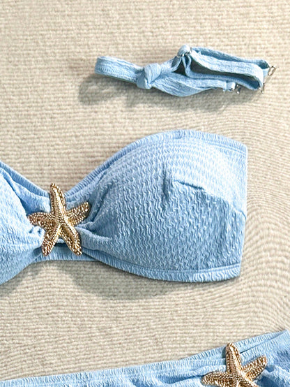 Soleia Plus Size Solid Color Textured Fabric Fashion Summer Bikini Swimwear 3-Piece Set, Blue Bathing Suits For Women