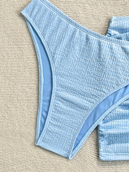 Soleia Plus Size Solid Color Textured Fabric Fashion Summer Bikini Swimwear 3-Piece Set, Blue Bathing Suits For Women