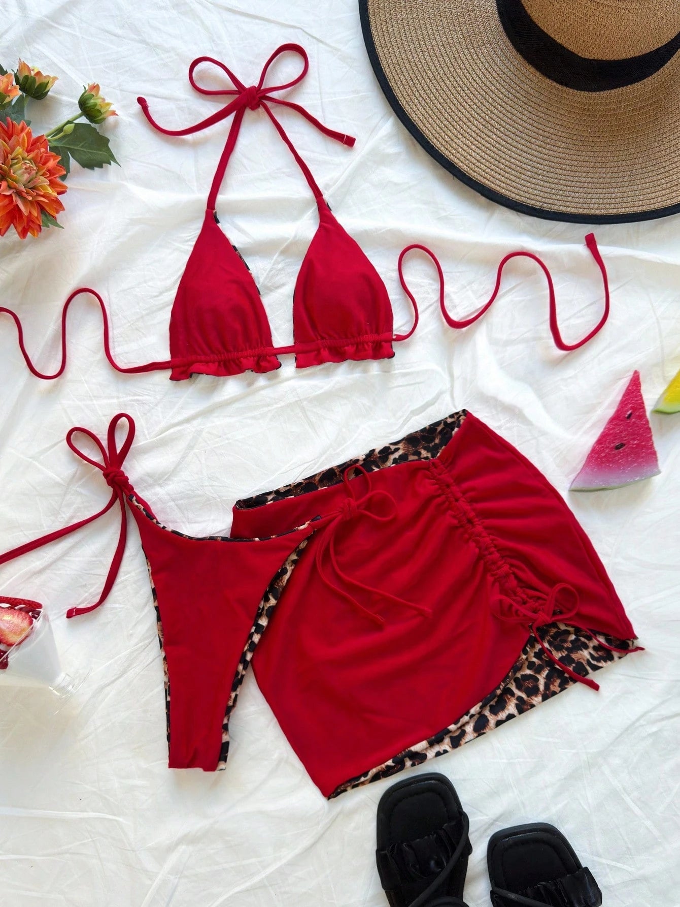 Soleia Plus Size Women's Reversible Leopard Print & Red Color Matching Bikini 3 PiecesBikini Set Set For Summer Beach Vacation Cheetah Print