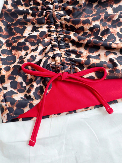 Soleia Plus Size Women's Reversible Leopard Print & Red Color Matching Bikini 3 PiecesBikini Set Set For Summer Beach Vacation Cheetah Print