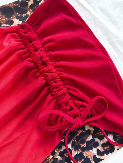 Soleia Plus Size Women's Reversible Leopard Print & Red Color Matching Bikini 3 PiecesBikini Set Set For Summer Beach Vacation Cheetah Print