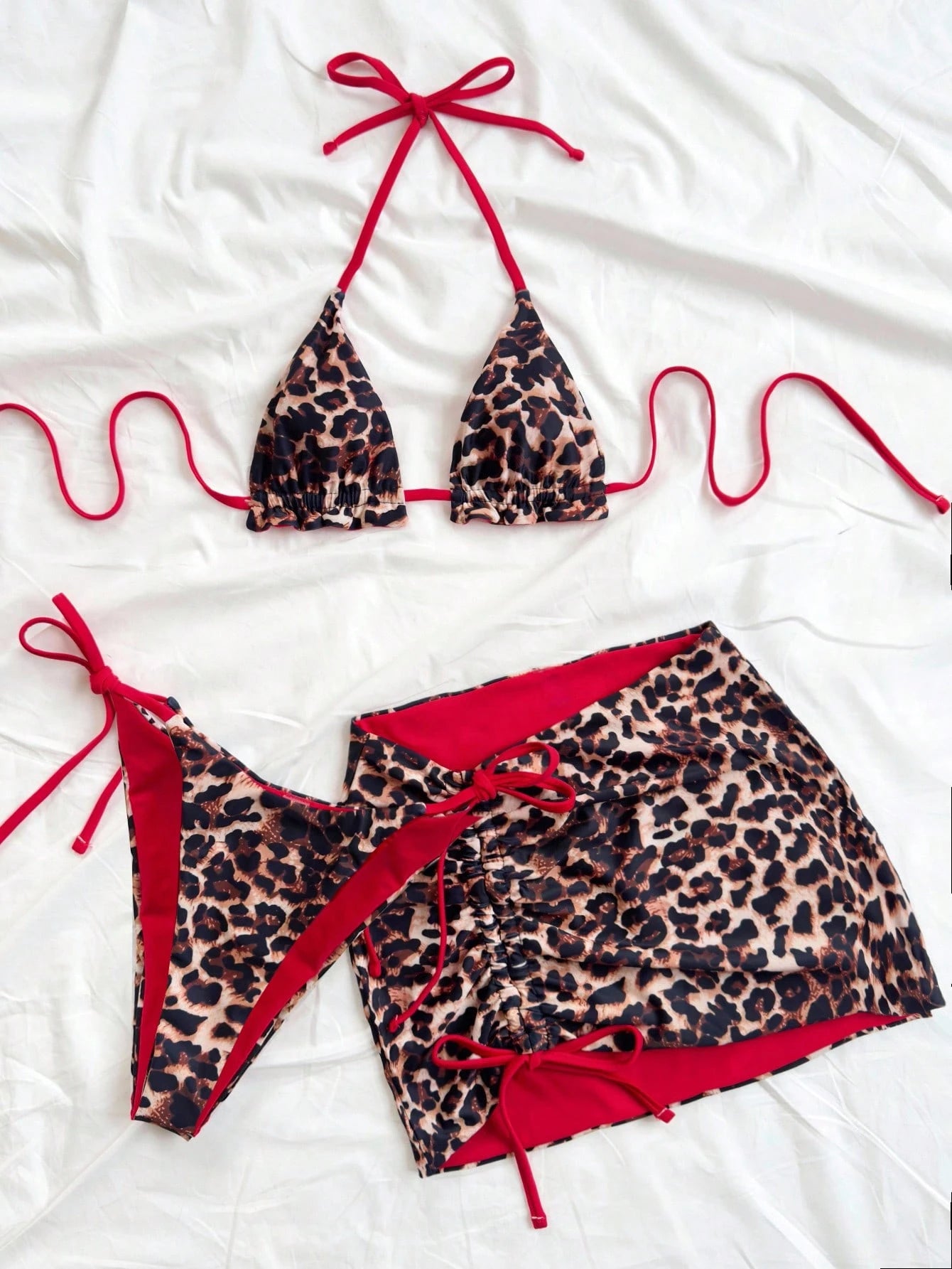 Soleia Plus Size Women's Reversible Leopard Print & Red Color Matching Bikini 3 PiecesBikini Set Set For Summer Beach Vacation Cheetah Print