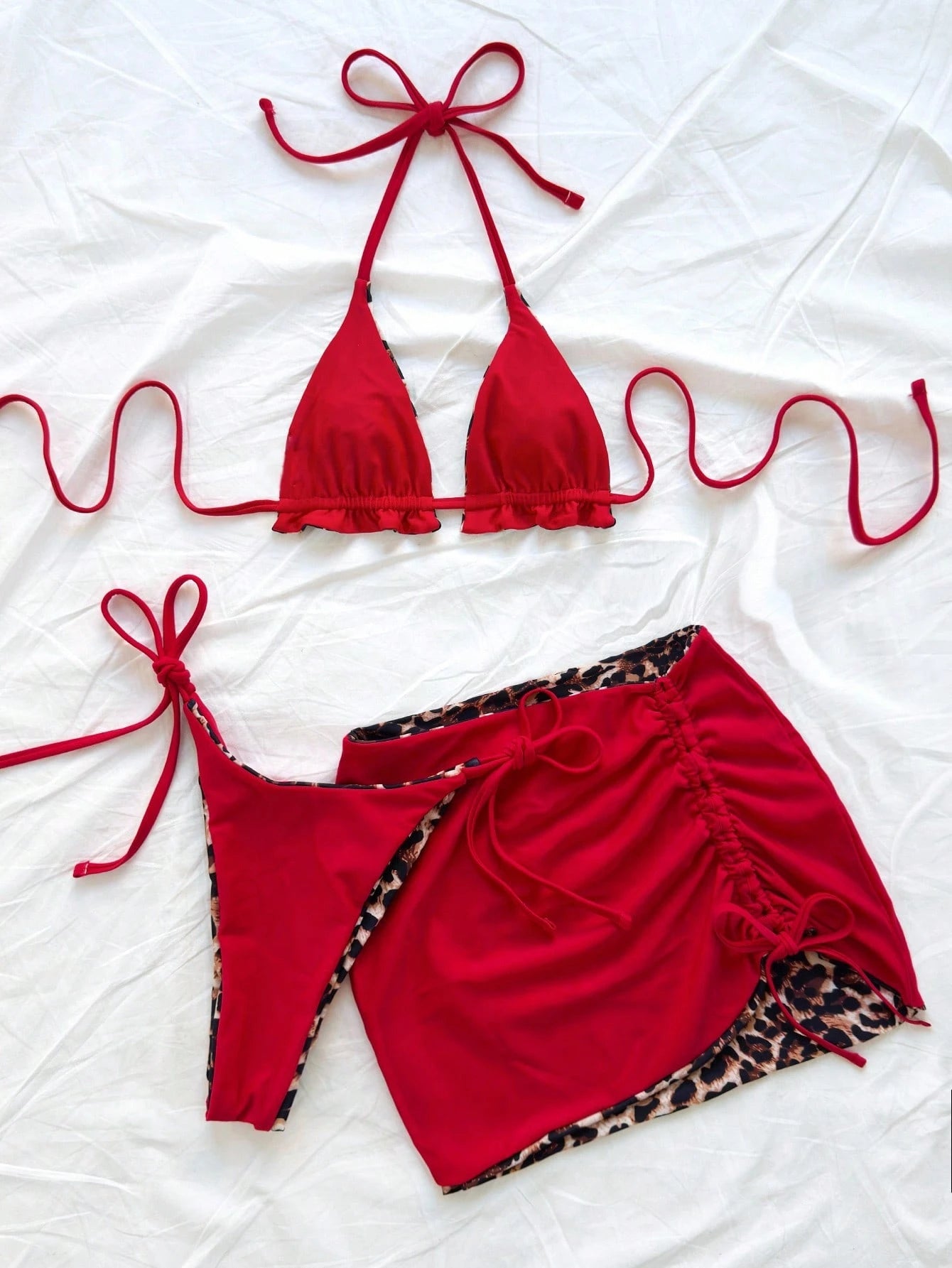 Soleia Plus Size Women's Reversible Leopard Print & Red Color Matching Bikini 3 PiecesBikini Set Set For Summer Beach Vacation Cheetah Print