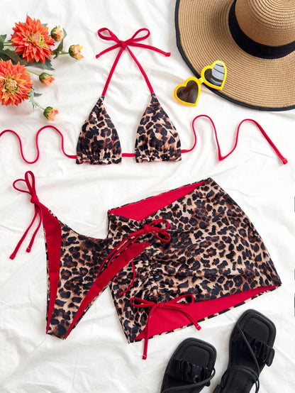 Soleia Plus Size Women's Reversible Leopard Print & Red Color Matching Bikini 3 PiecesBikini Set Set For Summer Beach Vacation Cheetah Print