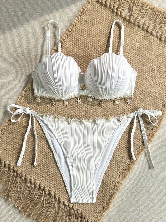 Soleia Plus Size Women's Summer Beach Vacation Vacation Solid Color Textured Fabric Shell Trim Tie Decor Bikini Set
