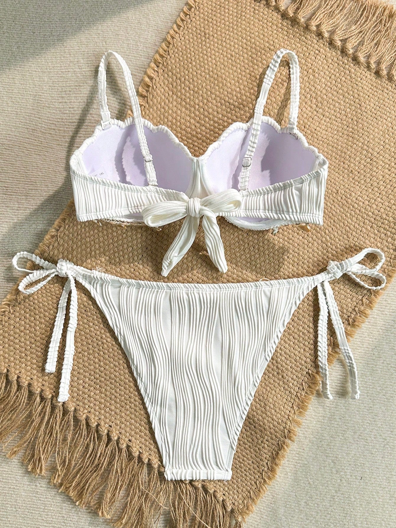Soleia Plus Size Women's Summer Beach Vacation Vacation Solid Color Textured Fabric Shell Trim Tie Decor Bikini Set