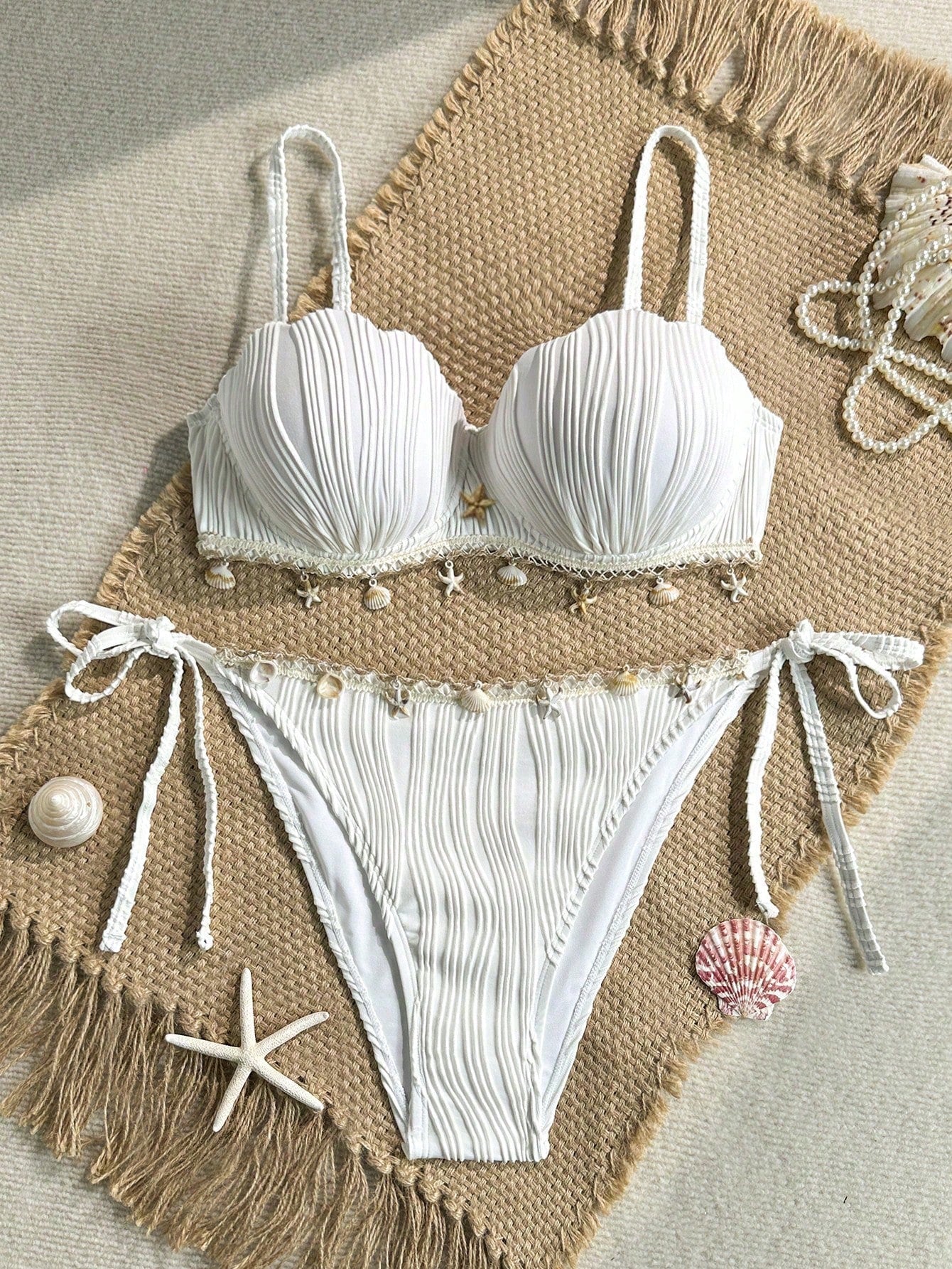 Soleia Plus Size Women's Summer Beach Vacation Vacation Solid Color Textured Fabric Shell Trim Tie Decor Bikini Set
