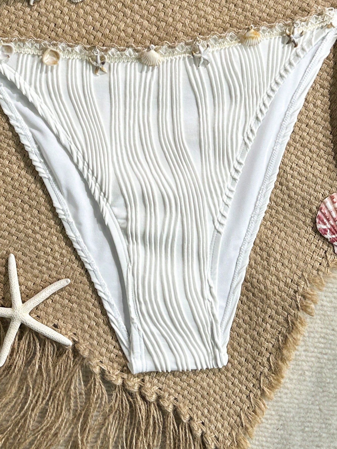 Soleia Plus Size Women's Summer Beach Vacation Vacation Solid Color Textured Fabric Shell Trim Tie Decor Bikini Set