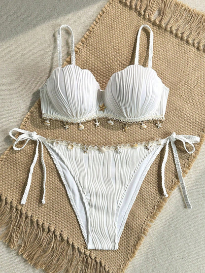 Soleia Plus Size Women's Summer Beach Vacation Vacation Solid Color Textured Fabric Shell Trim Tie Decor Bikini Set