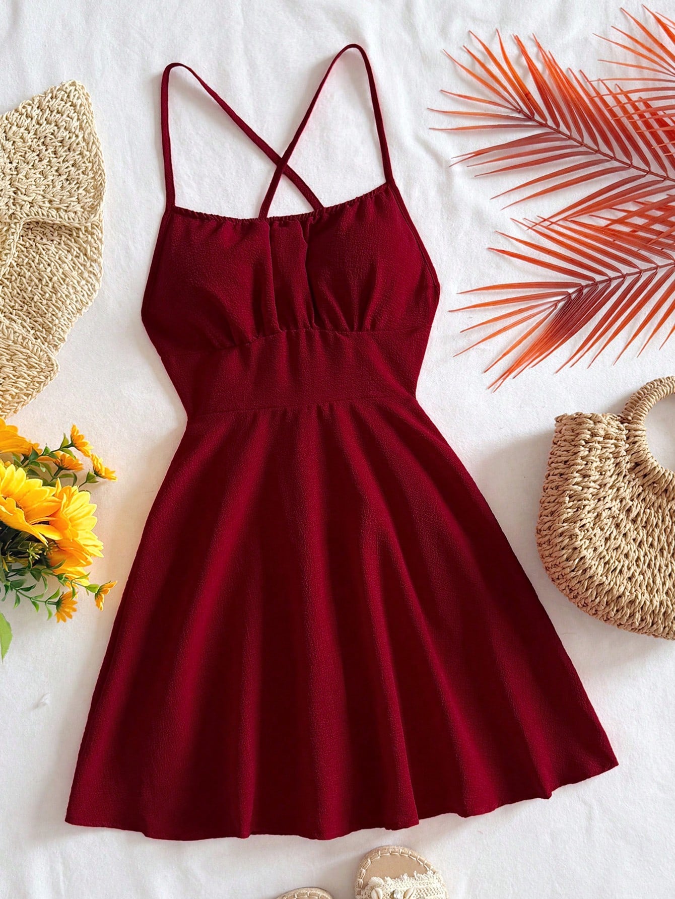 Soleia Sexy Red Cross Strap Backless Camisole Mini Dress No Chest Padding