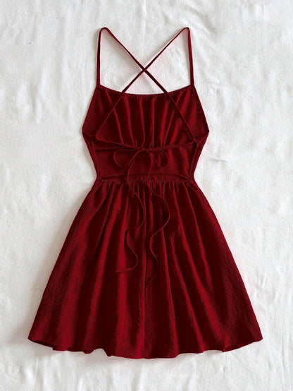 Soleia Sexy Red Cross Strap Backless Camisole Mini Dress No Chest Padding