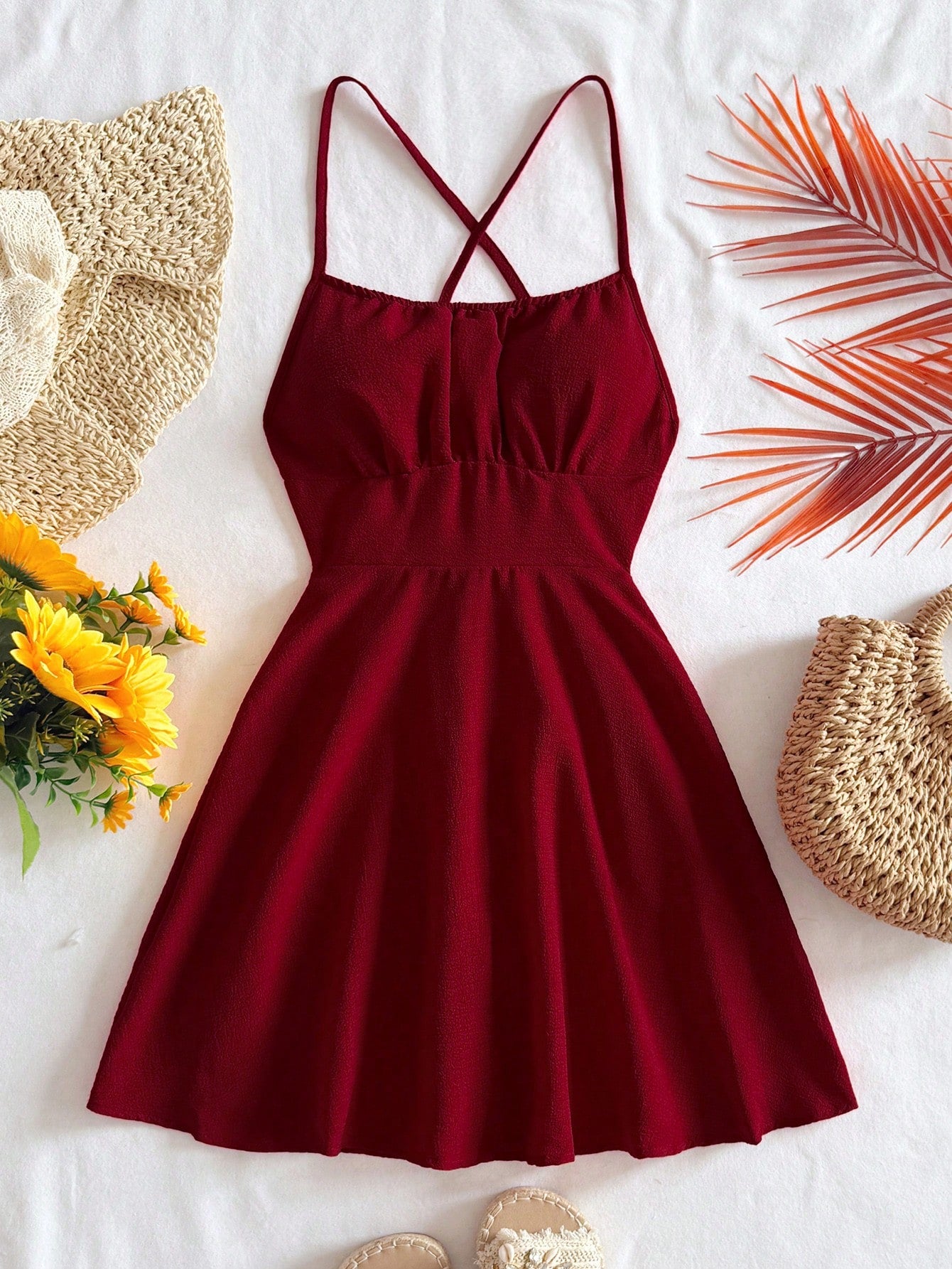 Soleia Sexy Red Cross Strap Backless Camisole Mini Dress No Chest Padding