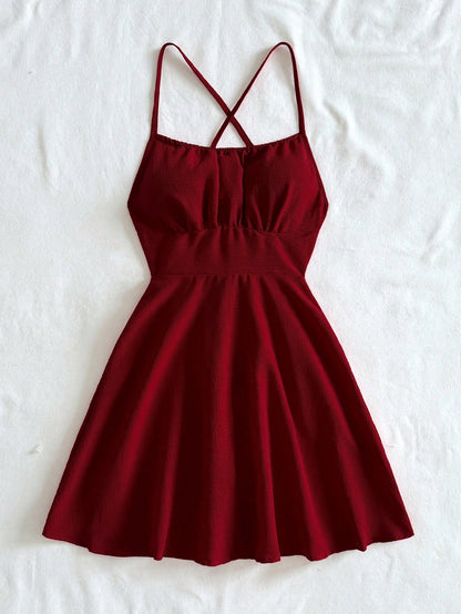 Soleia Sexy Red Cross Strap Backless Camisole Mini Dress No Chest Padding