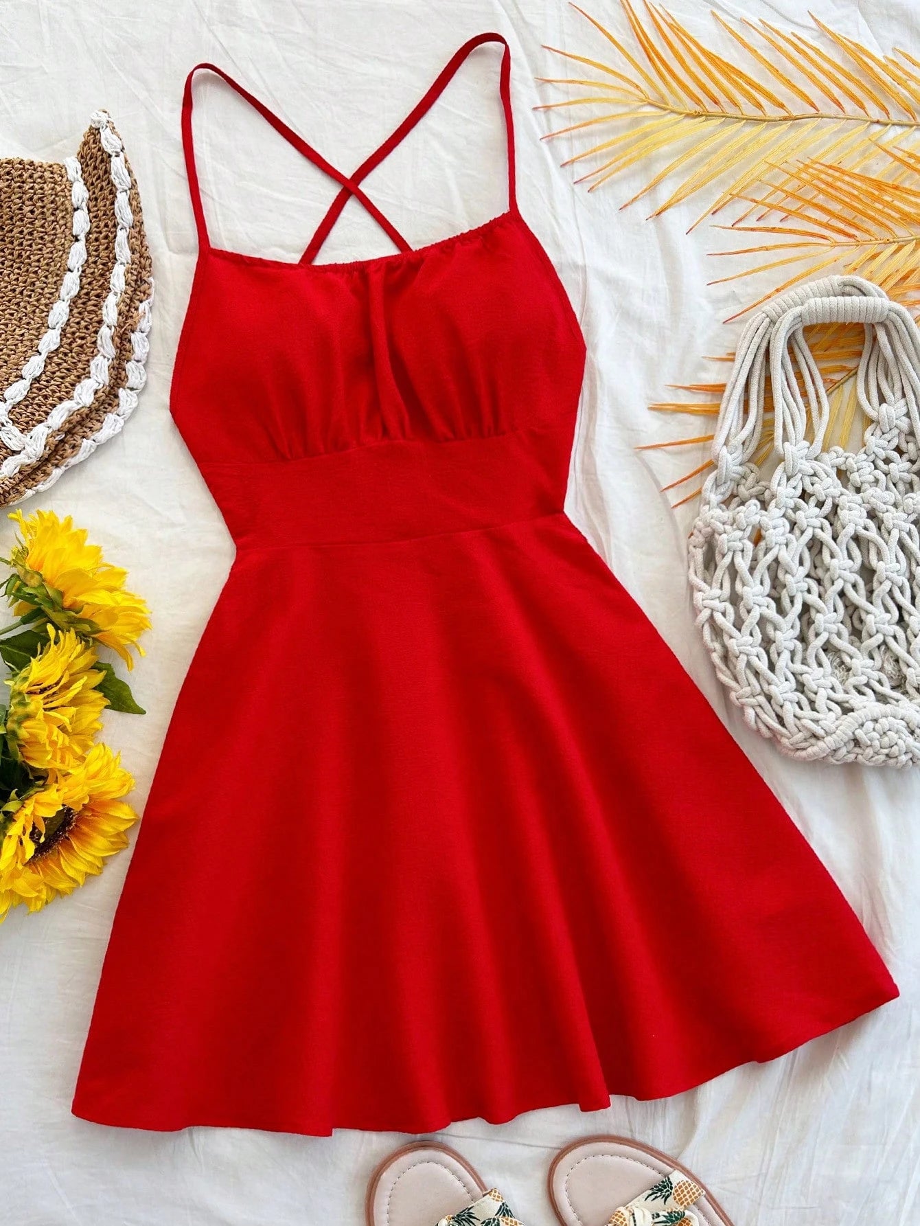 Soleia Sexy Red Cross Strap Backless Camisole Mini Dress No Chest Padding