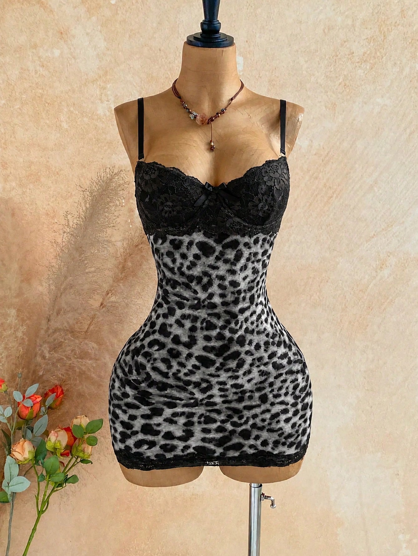 Soleia Vacation Lace Cup Detail Tropical Floral Mesh Bodycon Mini Dress For Dating Club Night Out Party Sexy Boho Summer Women Black And White Leopard Print