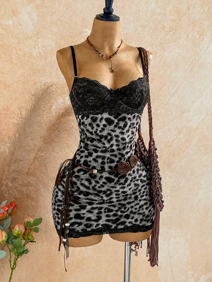 Soleia Vacation Lace Cup Detail Tropical Floral Mesh Bodycon Mini Dress For Dating Club Night Out Party Sexy Boho Summer Women Black And White Leopard Print