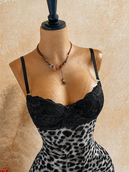 Soleia Vacation Lace Cup Detail Tropical Floral Mesh Bodycon Mini Dress For Dating Club Night Out Party Sexy Boho Summer Women Black And White Leopard Print