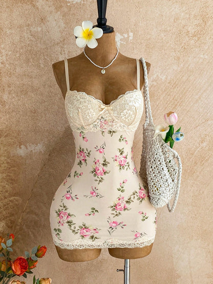 Soleia Vacation Lace Cup Detail Tropical Floral Mesh Bodycon Mini Dress For Dating Club Night Out Party Sexy Boho Summer Women Black And White Leopard Print