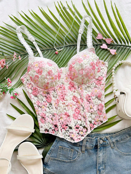 Soleia White And Pink Floral Powder Flower Summer Cottage Style Cute Tropical Vacation Women's Tank Top. Bohemian Music Festival. No Chest Padding
