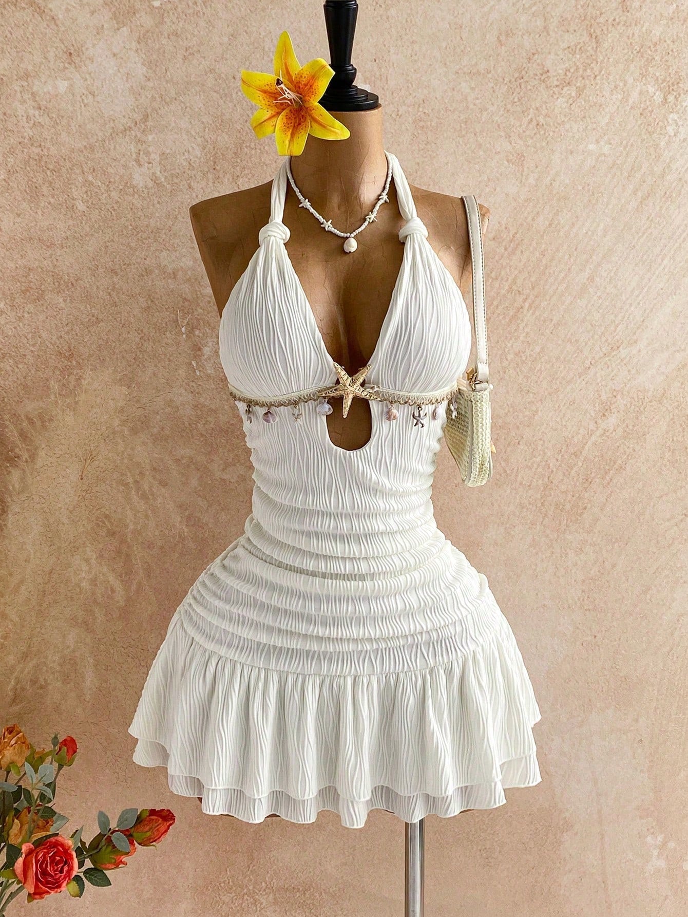 Soleia White Halter Twist Bodycon Mini Dress, Metal Accessories, Shell Decor, Beach Resort Vacation, Summer Outfit,White Dresses For Women,No Breast Pads