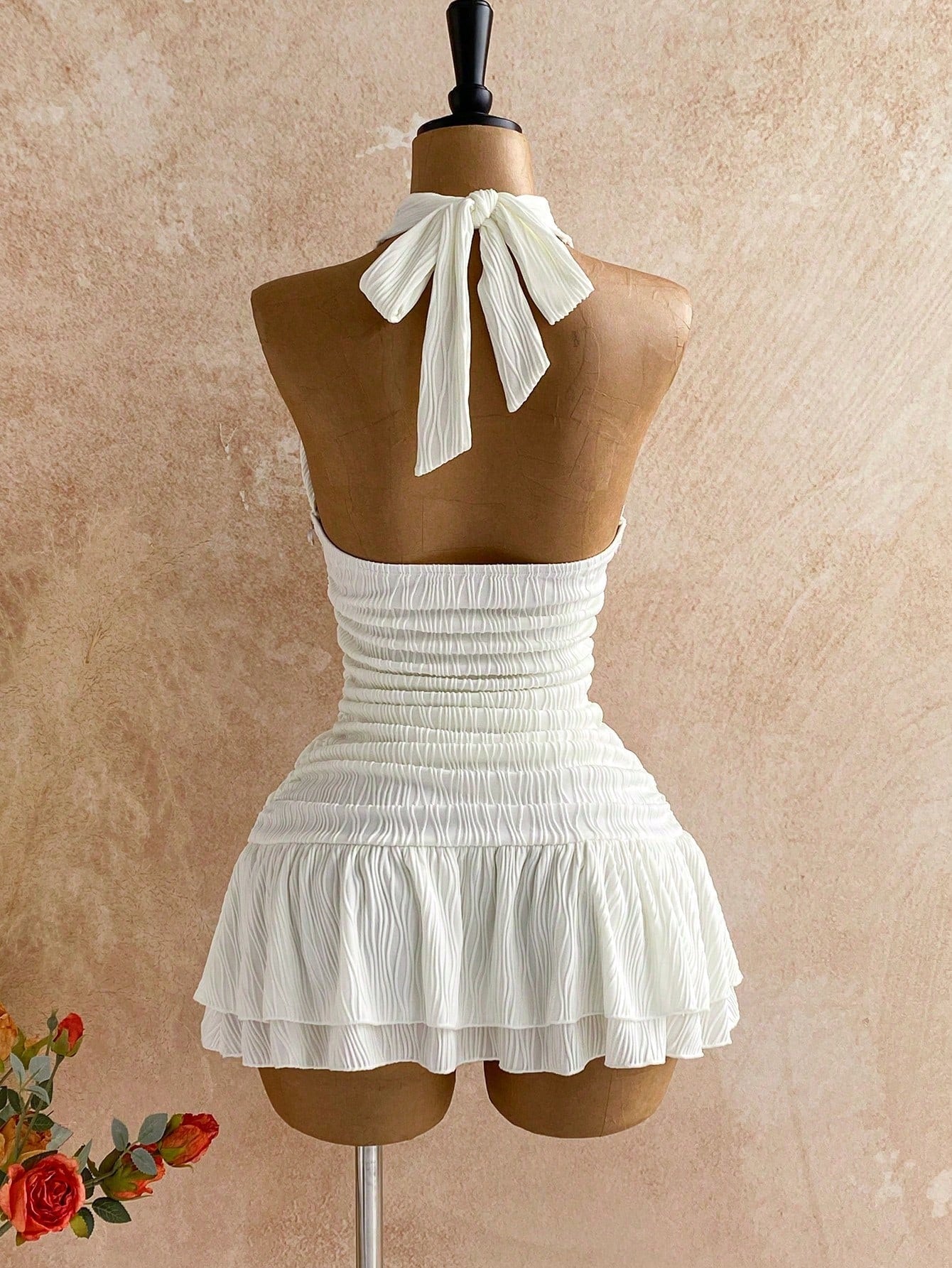 Soleia White Halter Twist Bodycon Mini Dress, Metal Accessories, Shell Decor, Beach Resort Vacation, Summer Outfit,White Dresses For Women,No Breast Pads