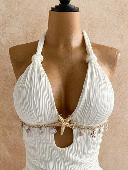 Soleia White Halter Twist Bodycon Mini Dress, Metal Accessories, Shell Decor, Beach Resort Vacation, Summer Outfit,White Dresses For Women,No Breast Pads