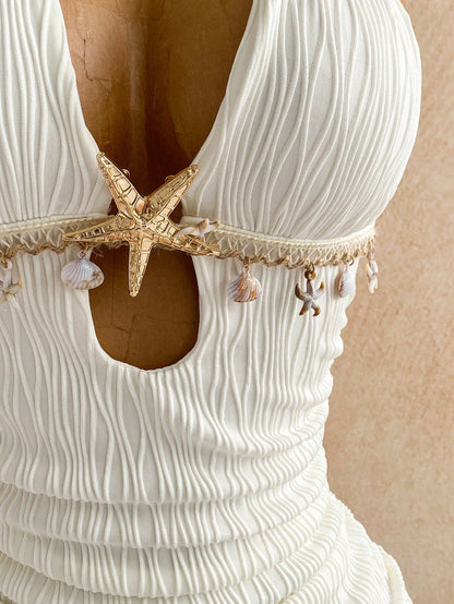 Soleia White Halter Twist Bodycon Mini Dress, Metal Accessories, Shell Decor, Beach Resort Vacation, Summer Outfit,White Dresses For Women,No Breast Pads